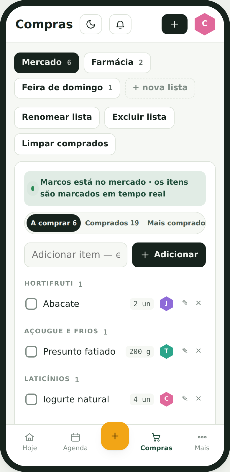 A lista de compras do Toca no celular, com itens marcados e o que falta.