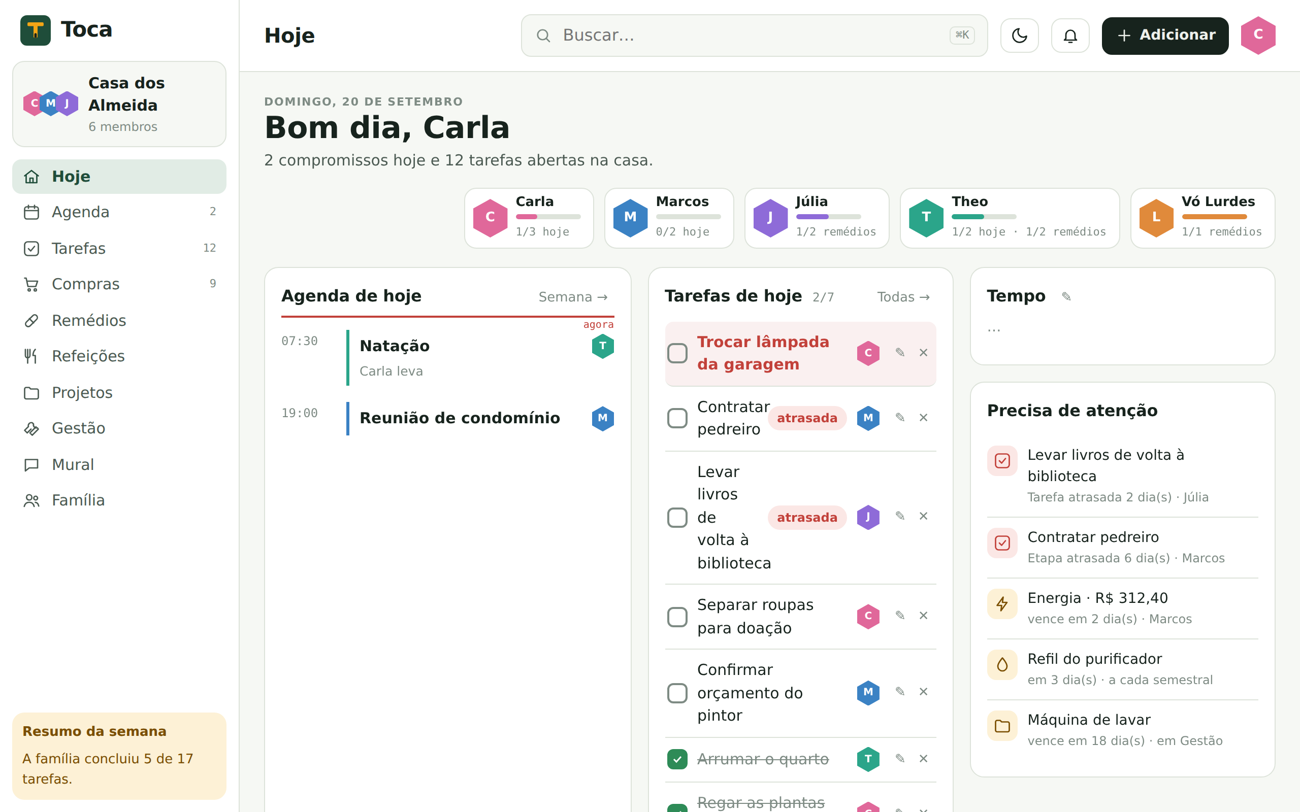 A tela Hoje do Toca, com os compromissos do dia, as tarefas de cada pessoa e o que falta comprar.