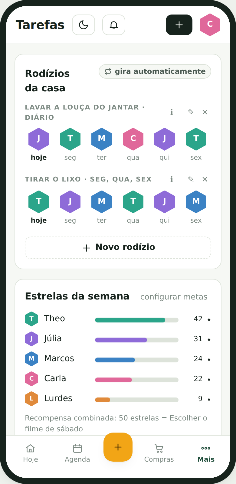A tela de tarefas do Toca no celular, com o responsável de cada tarefa.